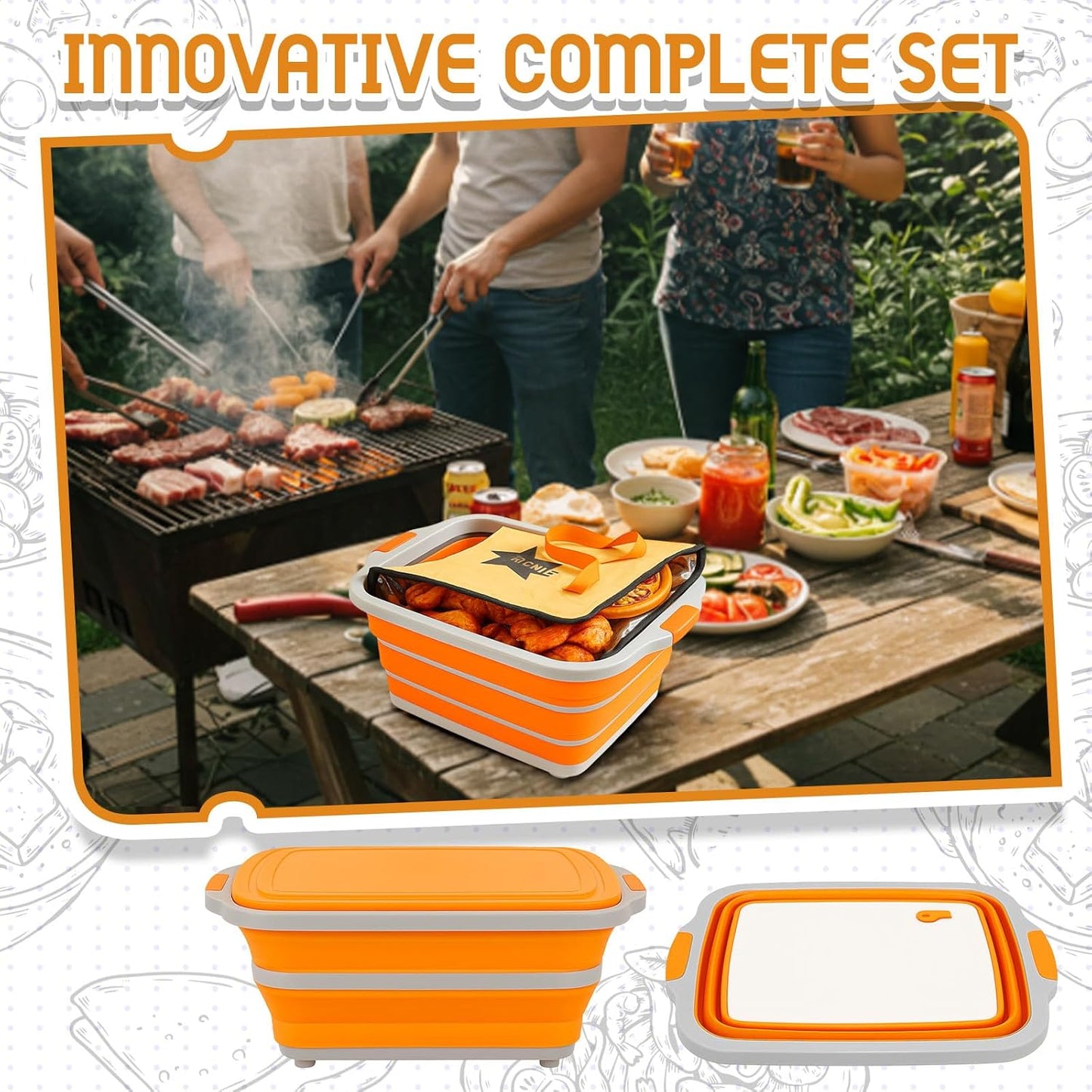 Funnymoom 2pcs Barbecue Prep Set Include Collapsible BBQ Prep Tub with Lid and Cutting Board(4.22 Gal/16l) BBQ Blanket for Resting Meat(21inch) Smoker Blanket Insulated(Orange,Classic Style)
