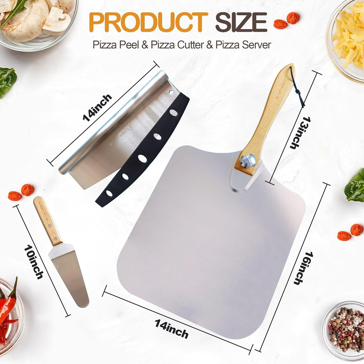 Aluminum Metal Pizza Peel 16 Inch, Extra Large Pizza Paddle 14"X16" with 14’’ Rocker Pizza Cutter, Pizza Server & Storage Bag, Foldable Wooden Handle Pizza Spatula Paddle for Indoor & Outdoor Ovens