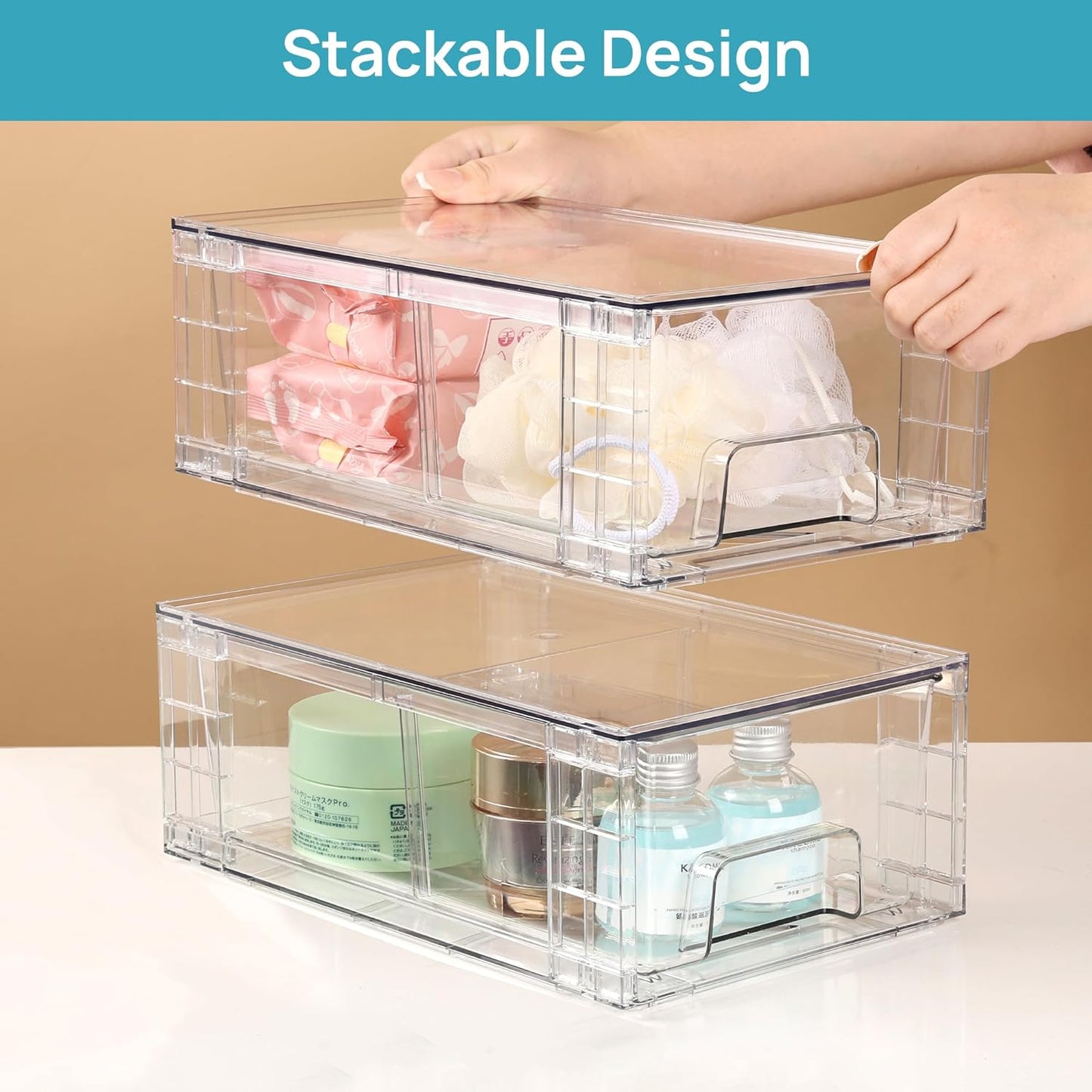Vtopmart 4Pack Large Stackable Pantry Storage Drawers, Clear Organizer Bins with Handles, Acrylic Drawer Organizers for Kitchen, Pantry, Bathroom Undersink, Cabinet Organization and Storage
