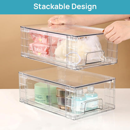 Vtopmart 4Pack Large Stackable Pantry Storage Drawers, Clear Organizer Bins with Handles, Acrylic Drawer Organizers for Kitchen, Pantry, Bathroom Undersink, Cabinet Organization and Storage