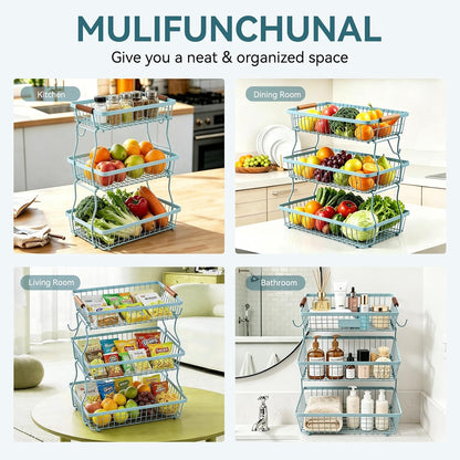 2-Tier Stackable Wire Basket with 2 Banana Hooks, Pantry Organizer for Kitchen Countertops, Cabinets & Under-Sink Spaces; Ideal for Storing Snacks, Fruits, Veggies, Onions, Potatoes, & More,Black