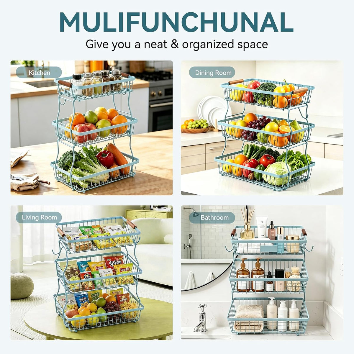 2-Tier Stackable Wire Basket with 2 Banana Hooks, Pantry Organizer for Kitchen Countertops, Cabinets & Under-Sink Spaces; Ideal for Storing Snacks, Fruits, Veggies, Onions, Potatoes, & More,Black