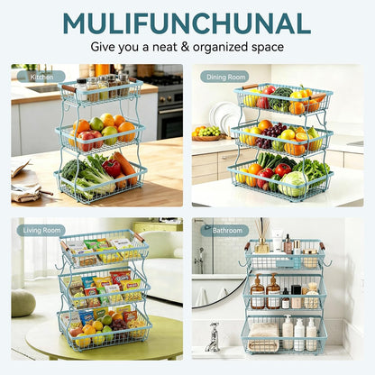 2-Tier Stackable Wire Basket with 2 Banana Hooks, Pantry Organizer for Kitchen Countertops, Cabinets & Under-Sink Spaces; Ideal for Storing Snacks, Fruits, Veggies, Onions, Potatoes, & More,Black