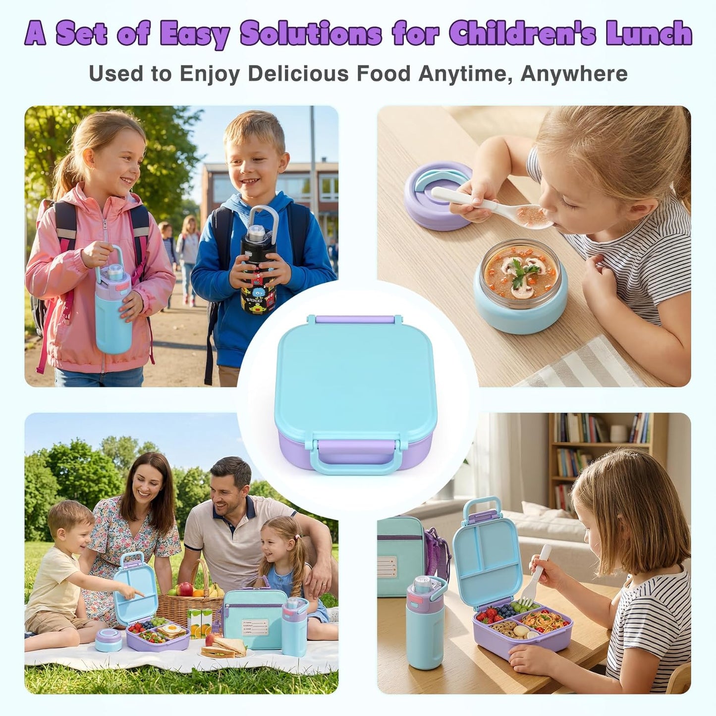 Bento Lunch Box for Kids with 7oz Soup Thermo,Insulated Stainless Steel Kids Water Bottle with Straw and Insulated Lunch Bag,Leak-Proof Lunch Food Container with Ice Pack for School (Purple-Mermaid)