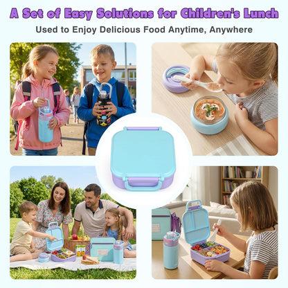 Bento Lunch Box for Kids with 7oz Soup Thermo,Insulated Stainless Steel Kids Water Bottle with Straw and Insulated Lunch Bag,Leak-Proof Lunch Food Container with Ice Pack for School (Purple-Mermaid)