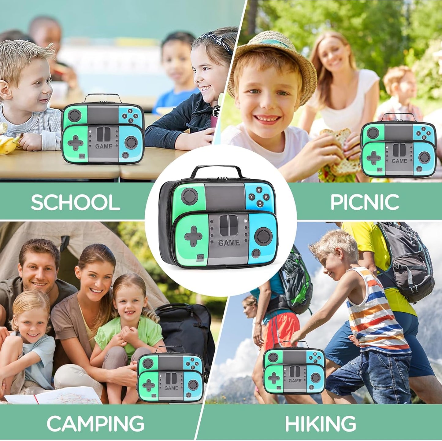 Kids Gamer Lunch Box for Boys, Game Console Insulated Lunch Bag, PU Leather Waterproof Lunchbox with Mesh Pocket, Durable Leakproof Lunch Tote Fits Bento Box for School
