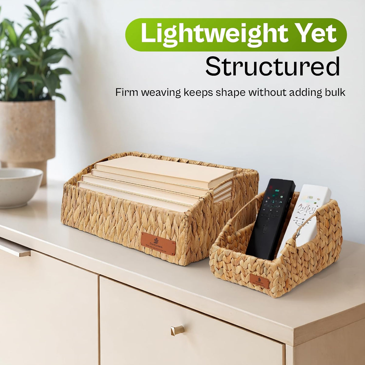 Storage Baskets for Shelves Set of 3, Open-Top Wicker Baskets with Handles, Shelf Organizer Baskets for Pantry, Closet & Bathroom, Water Hyacinth Storage Baskets with Tissue Box Cover