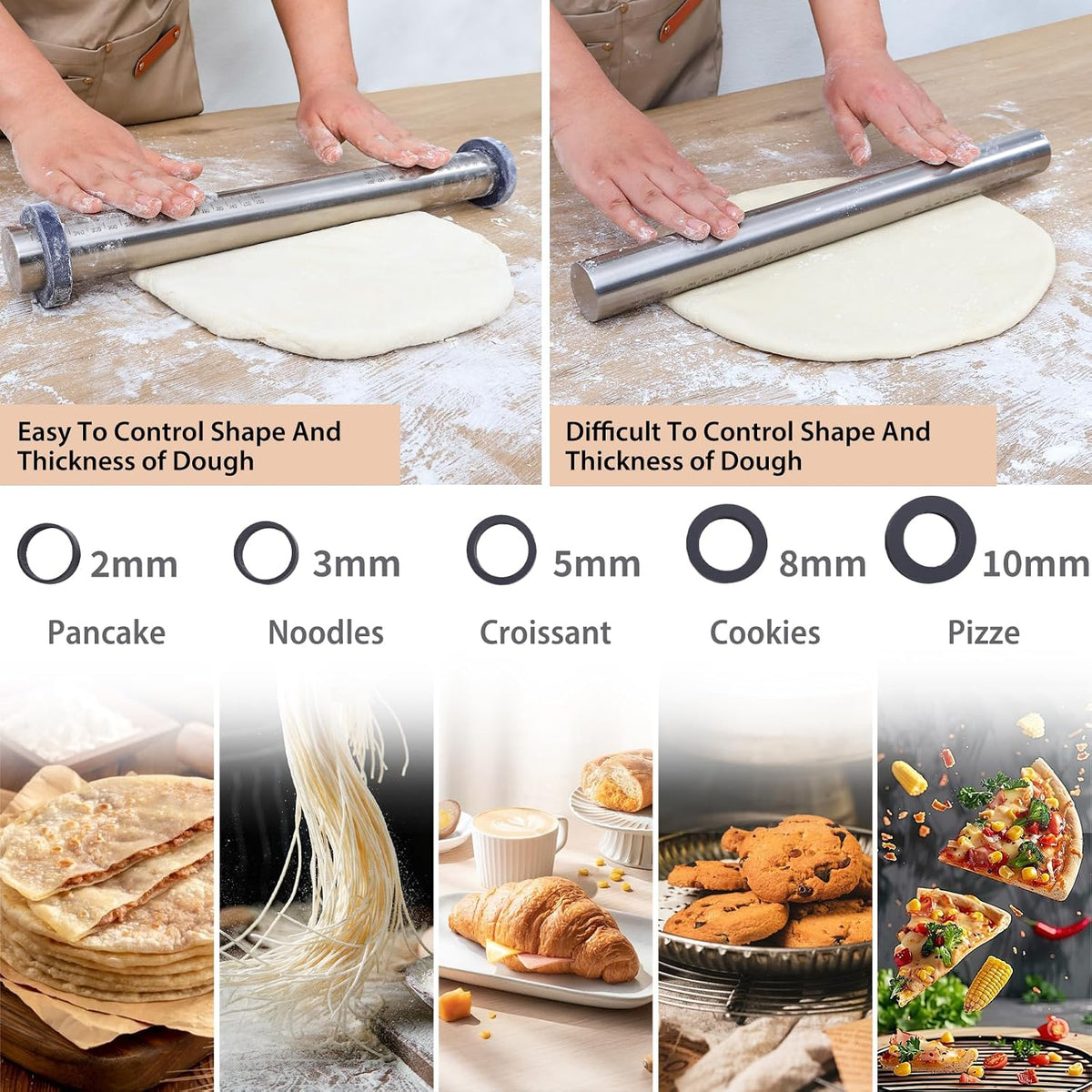 Adjustable Rolling Pin with Thickness Rings for Baking -Roller for Cake Pop