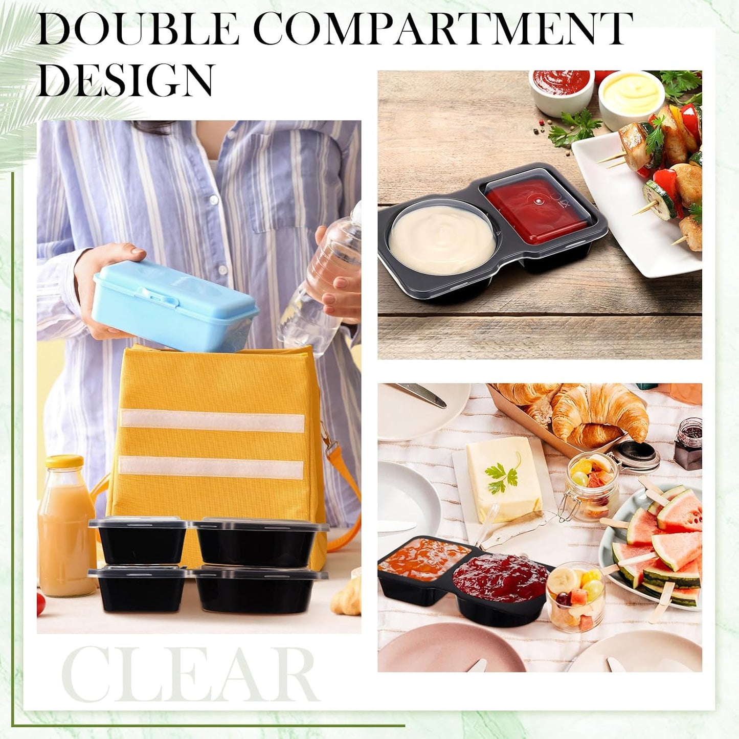 Blushtier 10 Pcs Pack Snack Containers with Lids, 5 oz Double Compartment Plastic Food Containers, Portable Divided Snack Cups for School, Office, Meal Prep, Sauces, Dips, On-the-go Camping (Clear)