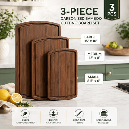 Bamboo Cutting Board Set of 4, Large Cutting Boards for Kitchen, Wood Cutting Board with Juice Groove Side Handles, Wooden Cutting Board for Kitchen, Meat Chopping Board Meal Prep, Serving Charcuterie