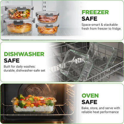 NutriChef 24pcs Glass Food Storage Containers, (12 Stackable Heavy Duty Meal Prep Containers w/ 12 Airtight Lids), Microwave, Freezer, & Dishwasher Safe for Food, Snacks, Fruit & More, (Gray)