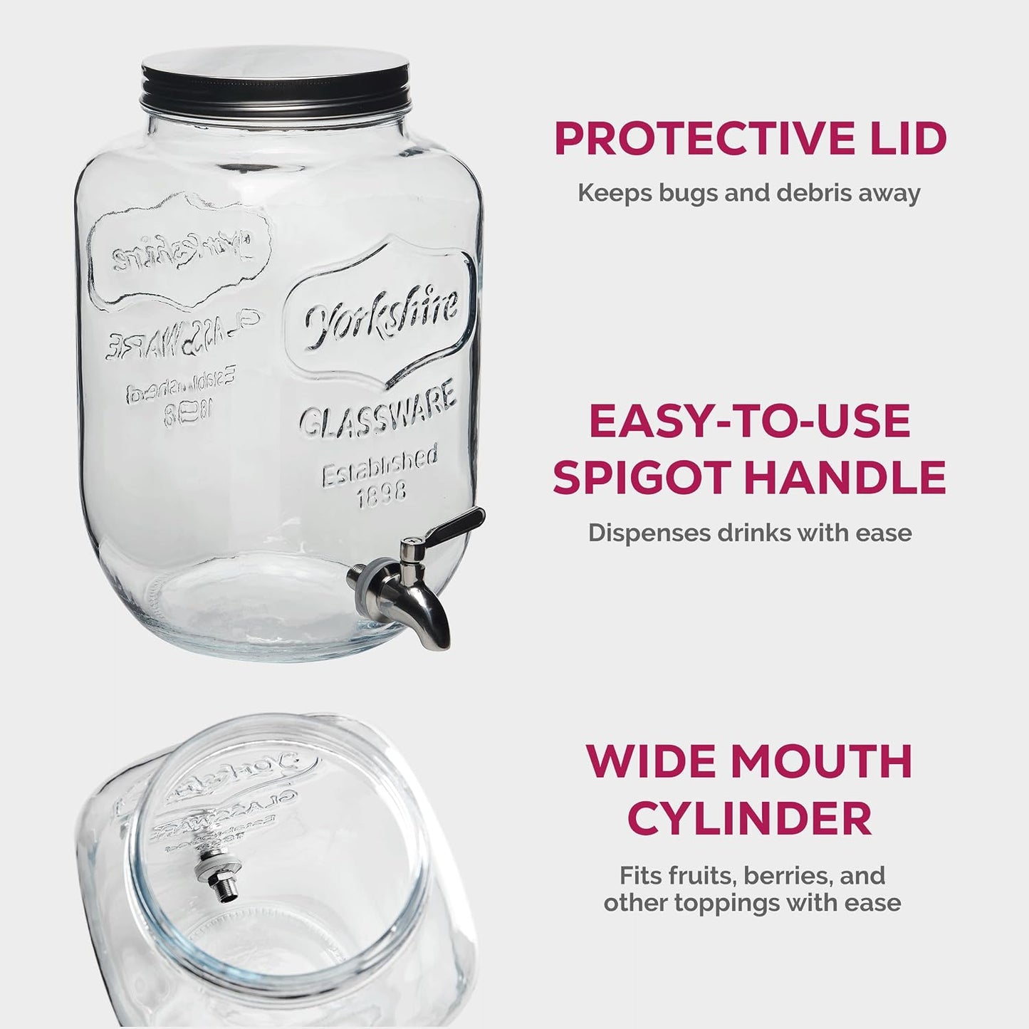 FineDine Glass Drink Dispenser with Stand & Stainless Steel Spigot – 1 Gallon drink dispensers for parties, glass beverage dispenser Set, punch bowl for Lemonade, Juice, Infused Water & More, 2 Pack