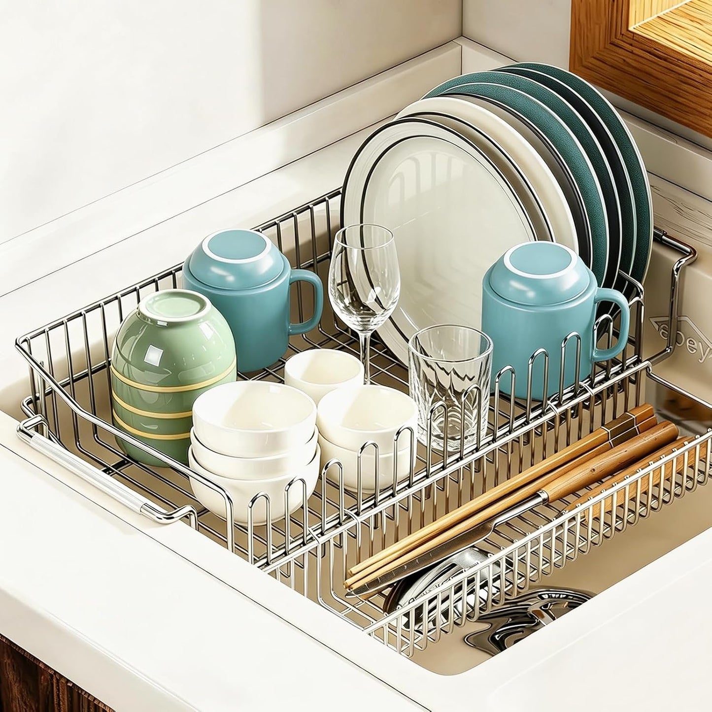Expandable Over The Sink Dish Drainer Drying Rack, Stainless Steel Metal, Small Adjustable Dish Drainer Drying Rack for Kitchen Counter, Space Saving for Compact Kitchen