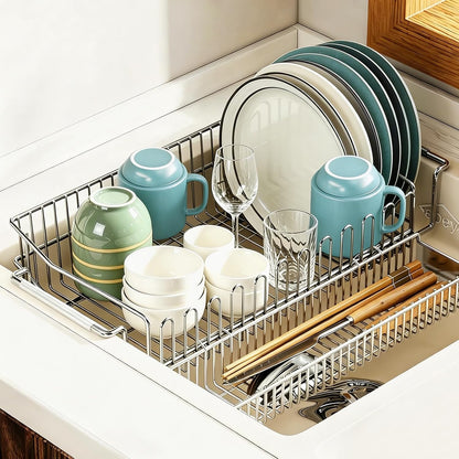Expandable Over The Sink Dish Drainer Drying Rack, Stainless Steel Metal, Small Adjustable Dish Drainer Drying Rack for Kitchen Counter, Space Saving for Compact Kitchen