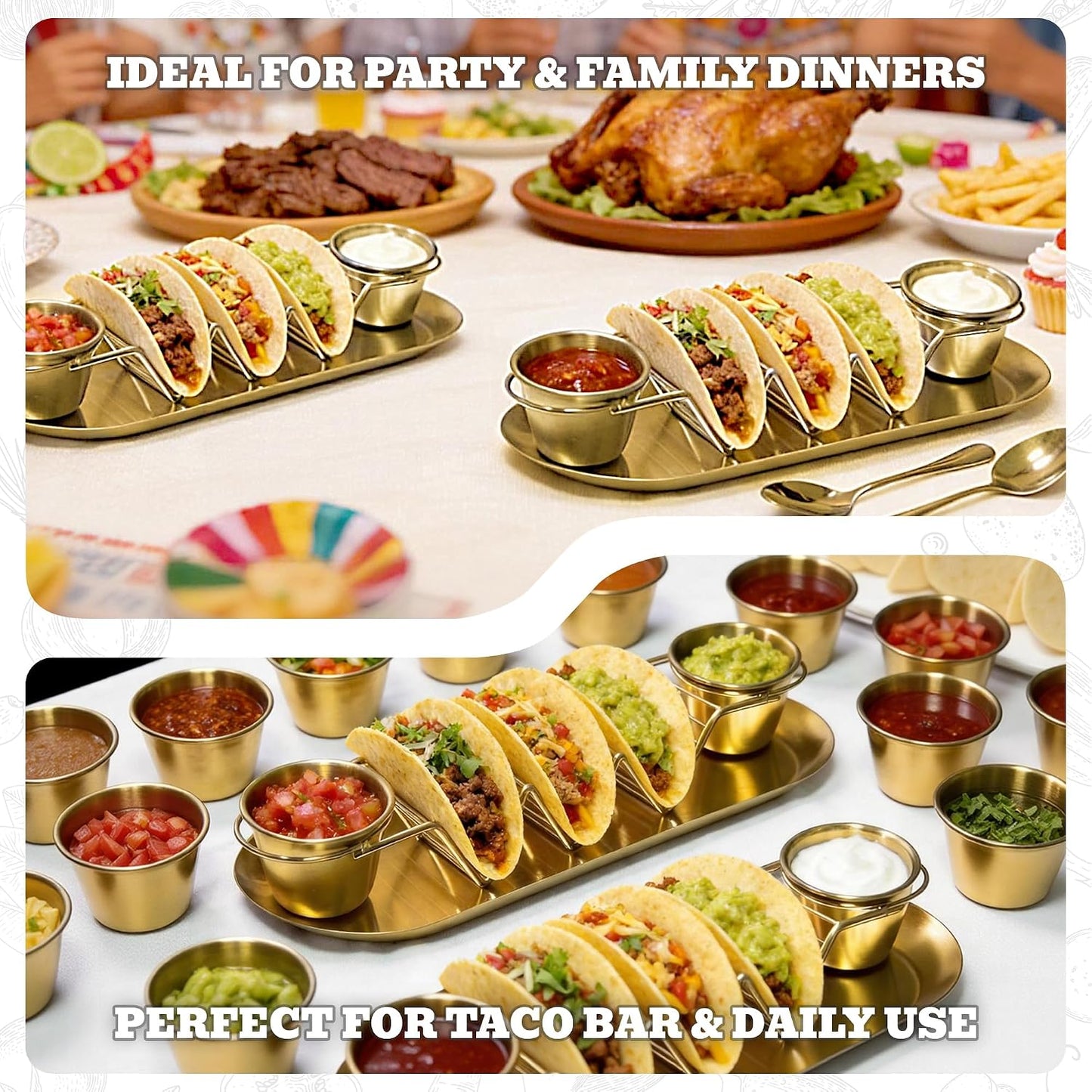 Stainless Steel Taco Holder Tray Set of 2, Taco Rack Holds 3 Tacos Each with Serving Tray, Sauce Cups & Spoon, Oven & Dishwasher Safe for Taco Night & Parties (Gold-2 Pack)