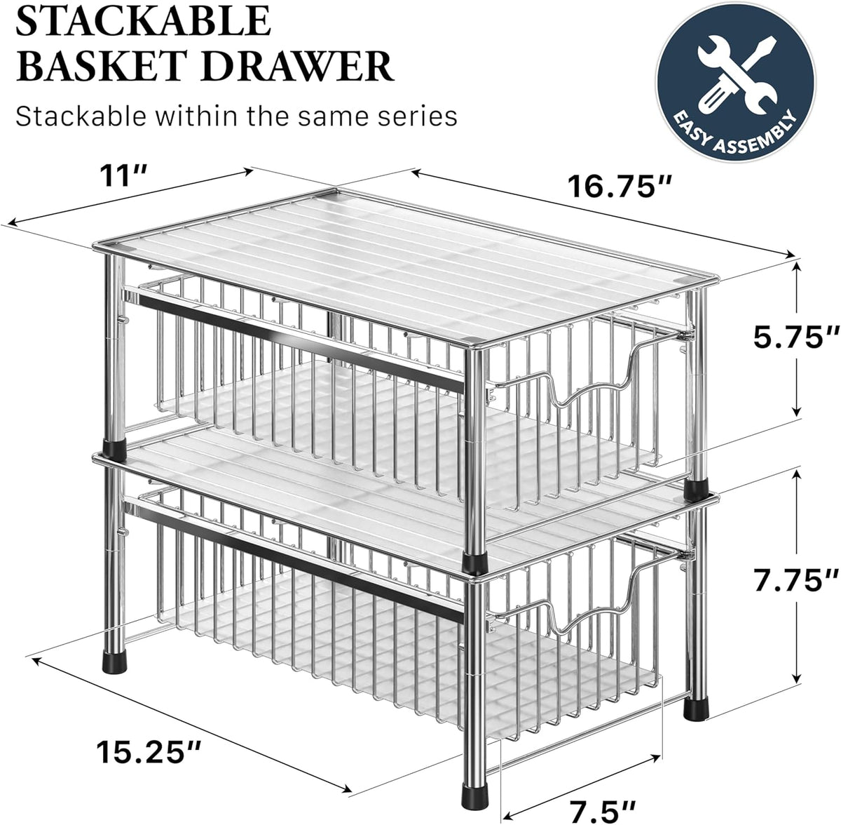Simple Houseware Stackable Basket Drawer, Chrome