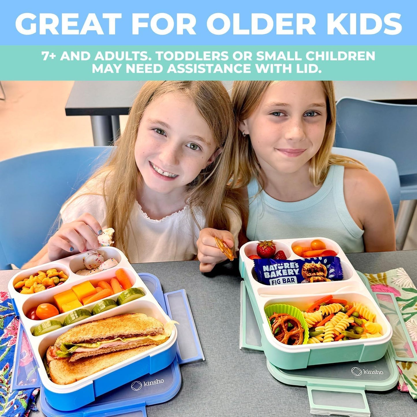 kinsho Bento Lunch-Box for Adults Kids Lunches, Portion Control Container Boxes for Women Girls Boys | Leak-Proof Snack Containers, BPA-Free Utensils 5 Compartments | Blue & Green 2 Pack Set