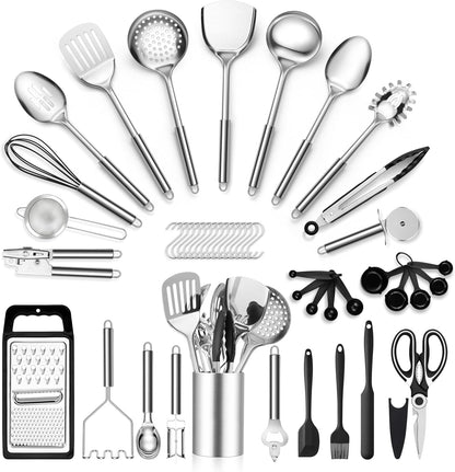 E-far Cooking Utensils Set, 10-Piece Stainless Steel Kitchen Utensils with Holder, Metal Heat Resistant Kitchen Cookware Tool Spatula Set for Cooking, Easy Clean & Dishwasher Safe