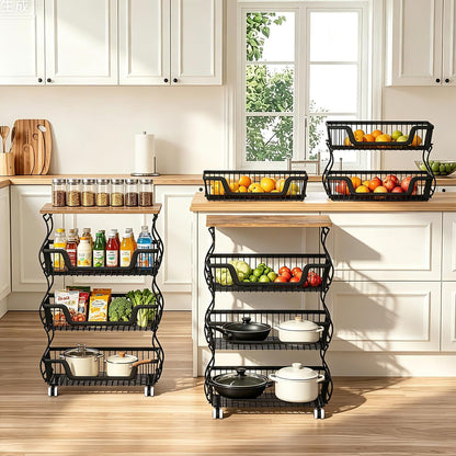2 Pack 3-Tier Rolling Kitchen Storage Cart Fruit Basket Stand for Vegetables & Snacks Stackable Wire Pantry Floor Organizer with Wheels for Kitchen, Living Room, Bedroom, Office (Black)