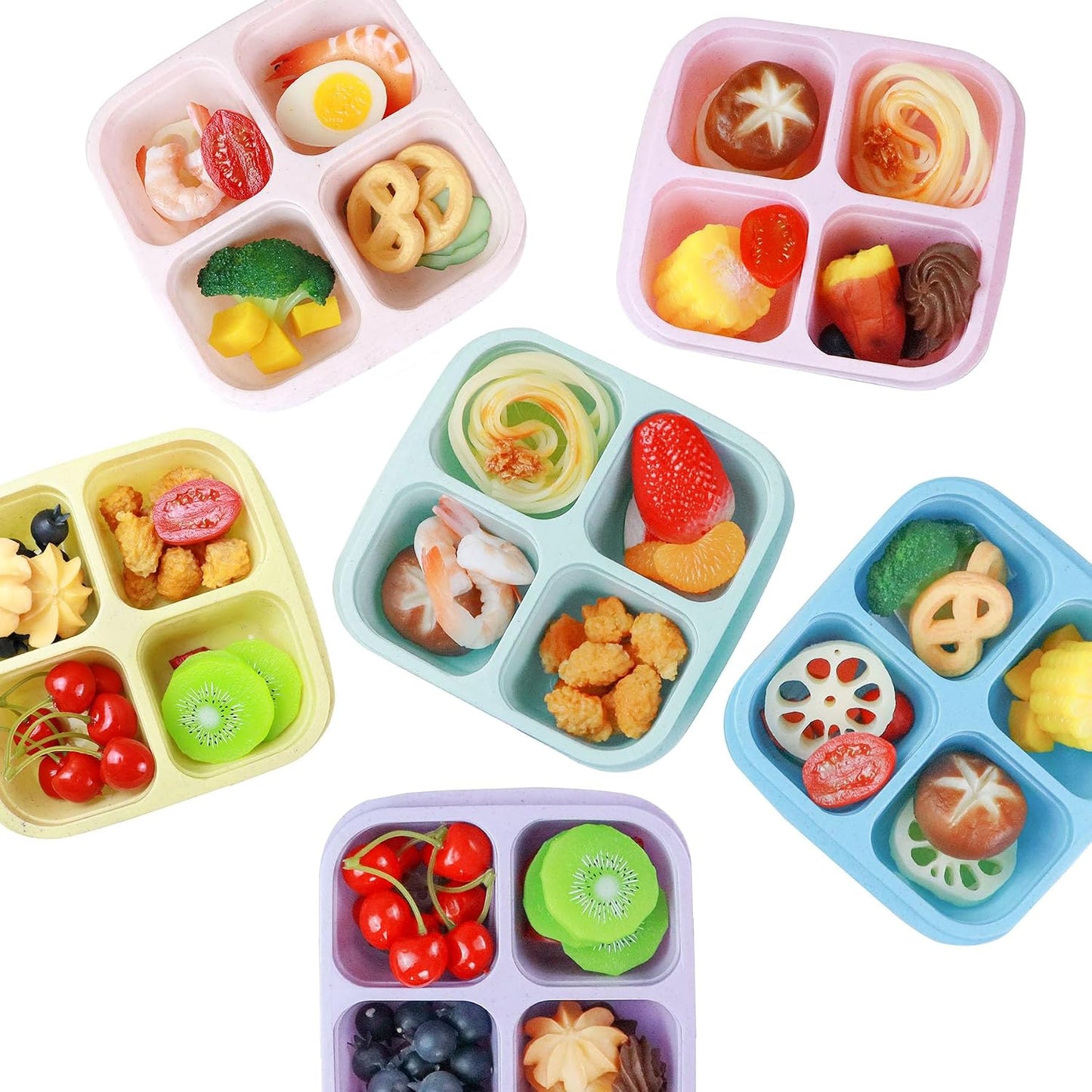 Finorder 6 Pack 4-Compartment Snack Containers, Reusable Food Containers for Kids School, Adults Office, Picnic Trip, Lunch Bento Box Meal Prep Containers (Bright Color Set)