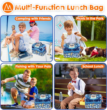 Kids Double Decker Cooler Insulated Lunch Bag, Back to School Large Meal Tote for Boys, Girls, Men, Women, with Adjustable Strap, Soccer