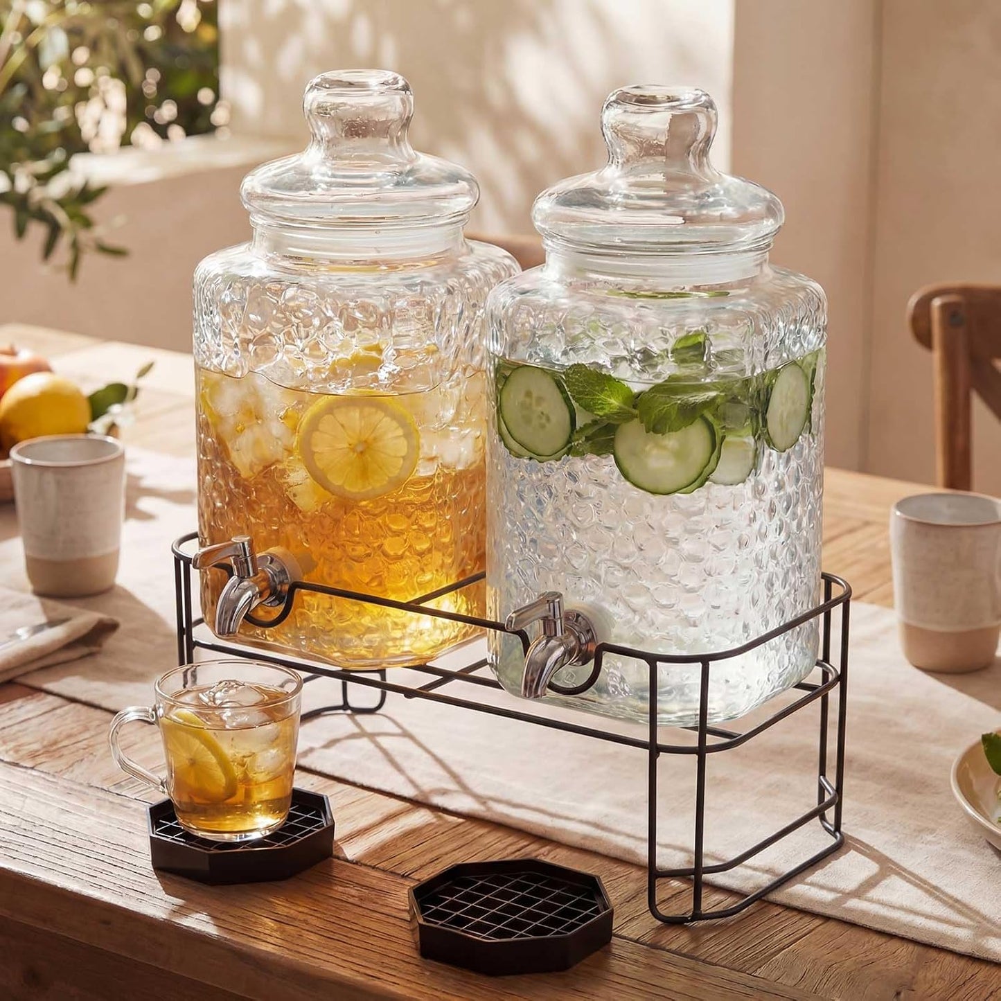 2 Pack 5 Gallon Drink Dispenser with Stand for Parties, Hammered Glass Beverage Dispensers, Stainless Steel Spigots and Drip Trays, Water Jar Jug for Lemonade, Juice, Tea and Party Drinks