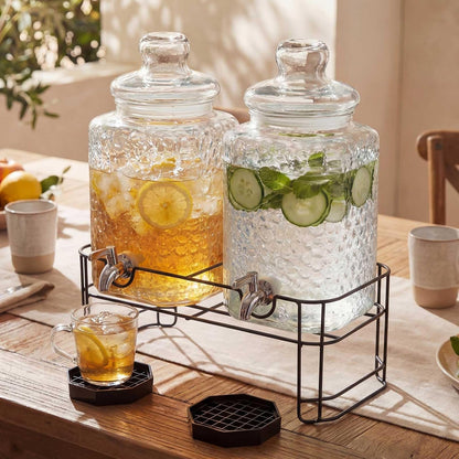 2 Pack 5 Gallon Drink Dispenser with Stand for Parties, Hammered Glass Beverage Dispensers, Stainless Steel Spigots and Drip Trays, Water Jar Jug for Lemonade, Juice, Tea and Party Drinks