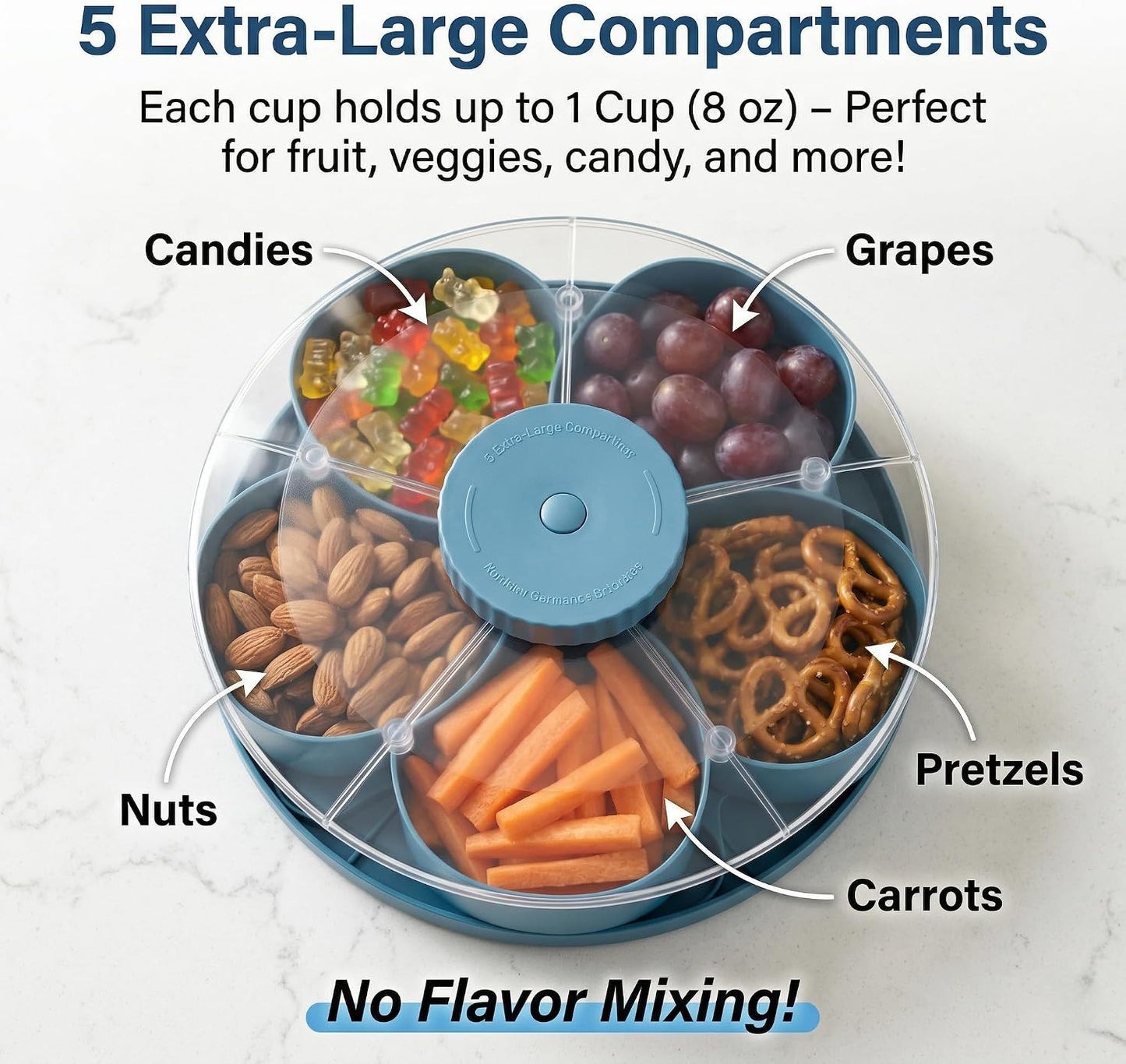 Divided Serving Tray that Spins with Lid, 5-Compartment Rotating Snack Container & Snackle Box, Lazy Susan Veggie Fruit Tray Organizer for Party Appetizers, Travel, Picnic (1PCS Gray)