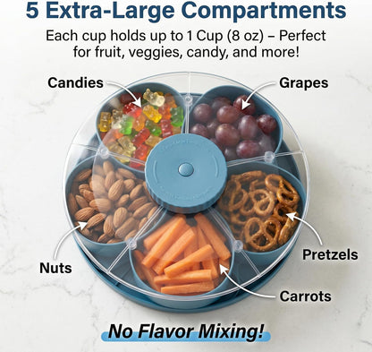 Divided Serving Tray that Spins with Lid, 5-Compartment Rotating Snack Container & Snackle Box, Lazy Susan Veggie Fruit Tray Organizer for Party Appetizers, Travel, Picnic (1PCS Gray)