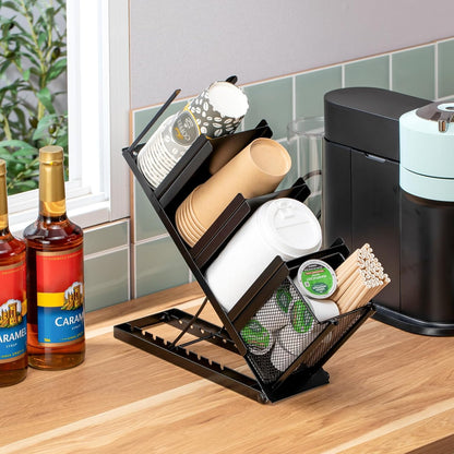 Coffee Cup Holder Organizer 4 Compartment Disposable Cup Dispenser, Cup and Lid Holder with Mesh Basket for Countertop Coffee Station Bar, Black