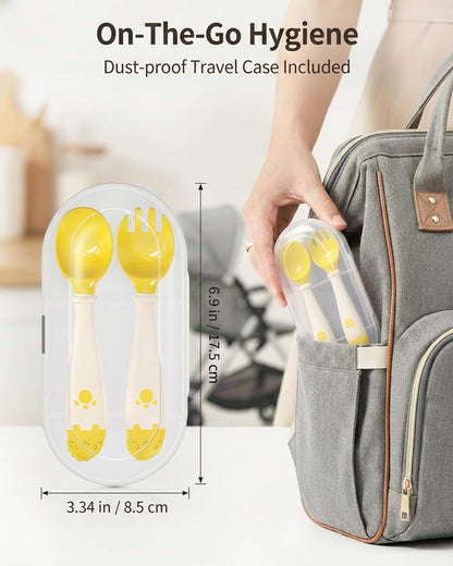Deejoy Toddler Utensils - Stainless Steel Spoons and Forks, Kids Silverware Self Feeding Flatware Set with Travel Safe Case (Green)