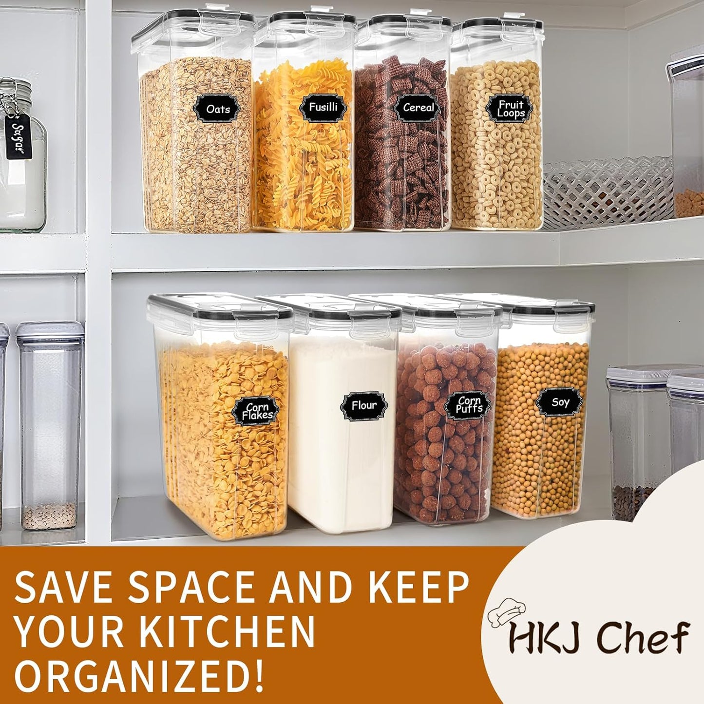 Cereal Containers Storage Set (4L / 135.2oz), 4PCS Airtight Food Storage Containers with Lids, Cereal Dispensers for Kitchen Pantry Organization and Storage with Pour Spout, 20 Labels, Marker