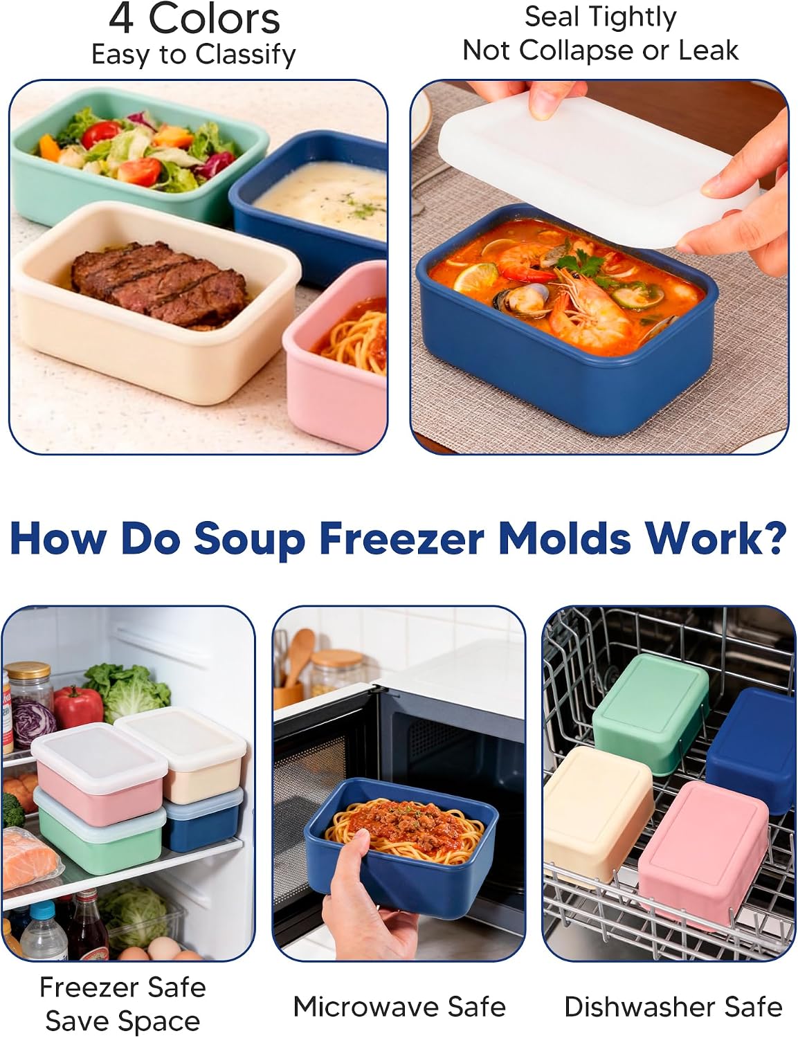 4 PCS 3.5 Cup Silicone Freezer Trays with Lid, Durable Silicone Soup Freezer Molds for Meal Prep and Food Storage, Reusable Freezer Containers for Soups Sauces Stews Curries (Lake Blue)
