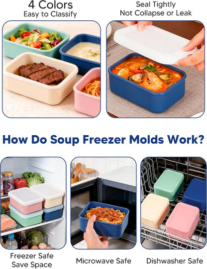4 PCS 3.5 Cup Silicone Freezer Trays with Lid, Durable Silicone Soup Freezer Molds for Meal Prep and Food Storage, Reusable Freezer Containers for Soups Sauces Stews Curries (Lake Blue)
