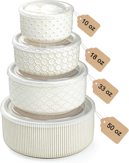Mixing Bowls with Lids Set of 4, Ceramic Nesting Bowls, Embossed Mixing Bowl Set for Food Storage, Prep Bowl, Gift, Microwave and Dishwasher Safe, 10/18/33/50 OZ, Off-White