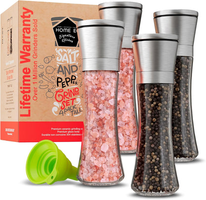 Home EC Premium Stainless Steel Sea Salt and Pepper Grinder Set of 2 - Adjustable Ceramic - Tall Glass Salt and Pepper Shakers - Kitchen Spice Mill W/Funnel & EBook