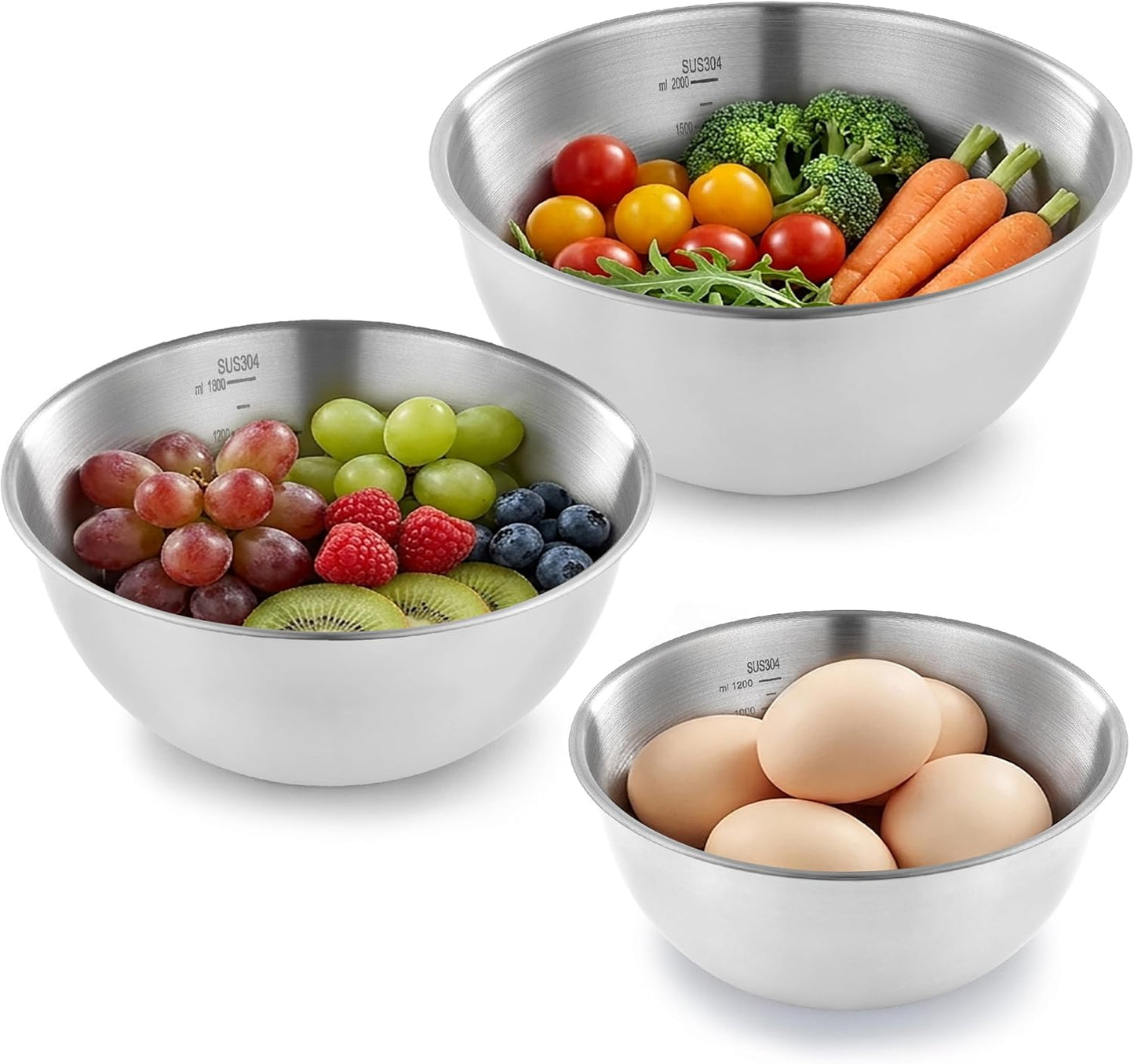Stainless Steel Mixing Bowls Set of 3，Nesting Metal Prep Bowls with Interior Measurement Marks for Baking, Cooking & Food Storage - Space Saving, Rust-Proof & Dishwasher Safe