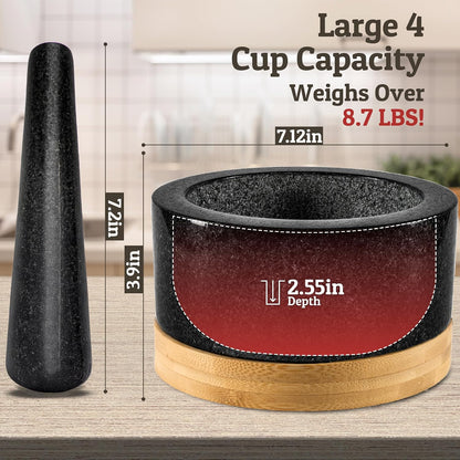 PriorityChef Heavy Duty Mortar and Pestle Set with Bamboo Base, 100% Natural Granite Stone Grinder, Guacamole Bowl and Masher, 1.5 Cups, Black