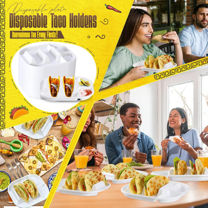 Baderke 40 Pack Disposable Plastic Taco Plates, Fiesta Tacos Holder Tray PP Taco Holder Plates with 2 Dividers for Soft & Hard Shells for Tacos Tuesday Bar, Parties, Picnics (Black)