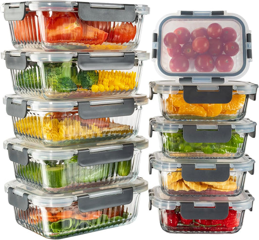 10 Pack Glass Meal Prep Containers, Food Storage Container Set with Snap Locking Lids, Airtight Lunch Boxes for Kitchen, Microwave, Oven, Freezer, and Dishwasher Safe (Multicolored)