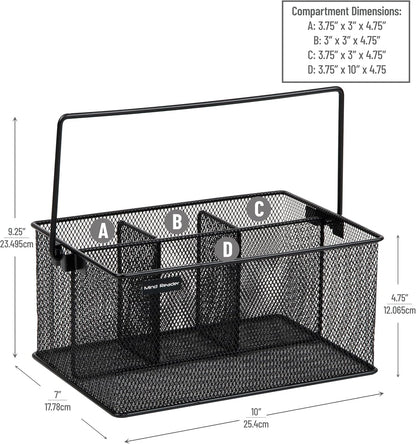 Mind Reader Multi-purpose Storage Caddy with Handle, Desktop Organizer, Cutlery Holder, 4 Compartments, Metal Mesh, Black