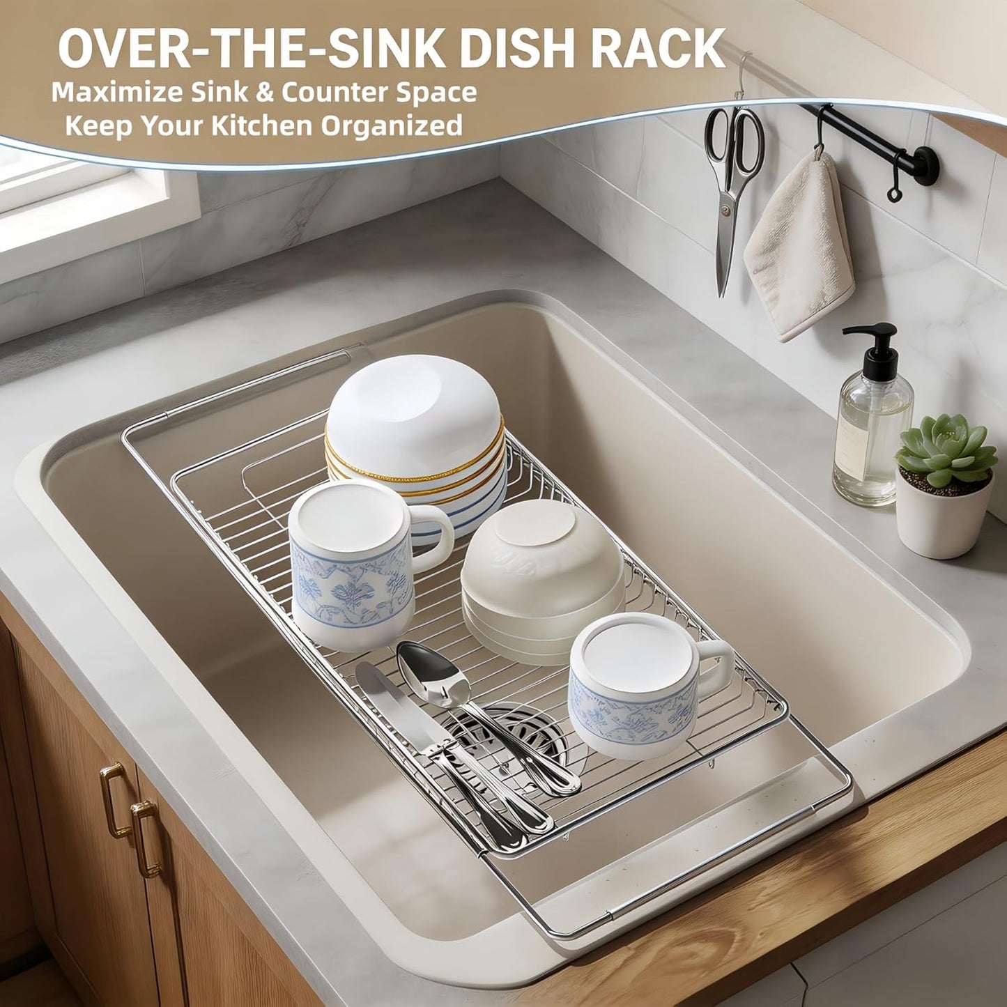 Expandable Over The Sink Dish Drainer Drying Rack, Stainless Steel Metal, Small Adjustable Dish Drainer Drying Rack for Kitchen Counter, Space Saving for Compact Kitchen