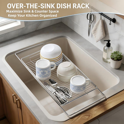 Expandable Over The Sink Dish Drainer Drying Rack, Stainless Steel Metal, Small Adjustable Dish Drainer Drying Rack for Kitchen Counter, Space Saving for Compact Kitchen