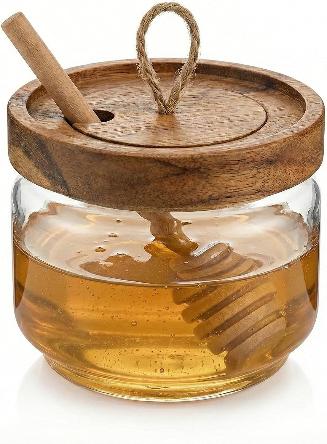 Honey Jar Pot Glass Holder Dispenser Set with Wooden Dipper Stick and Acacia Lid Cover - 14 Oz Honey Jar with Dipper and Lid - Modern Glass Honey Dispenser & Honey Drizzler for Home Kitchen Decor