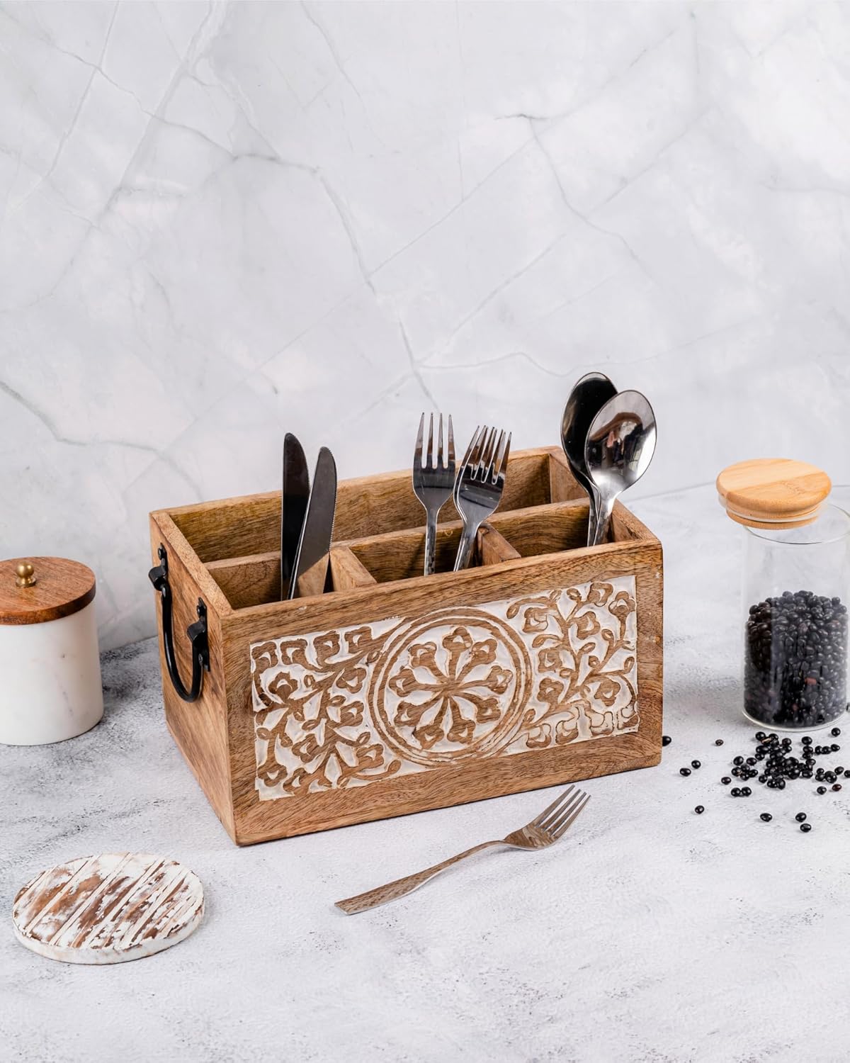 Mie Creations 4 Compartment Wooden Silverware Caddy Utensil Holder, Farmhouse Cutlery Flatware Organizer, Decorative Wood Caddy with Metal Handles for Kitchen, Buffet Party, Mothers Day Gift for Mom