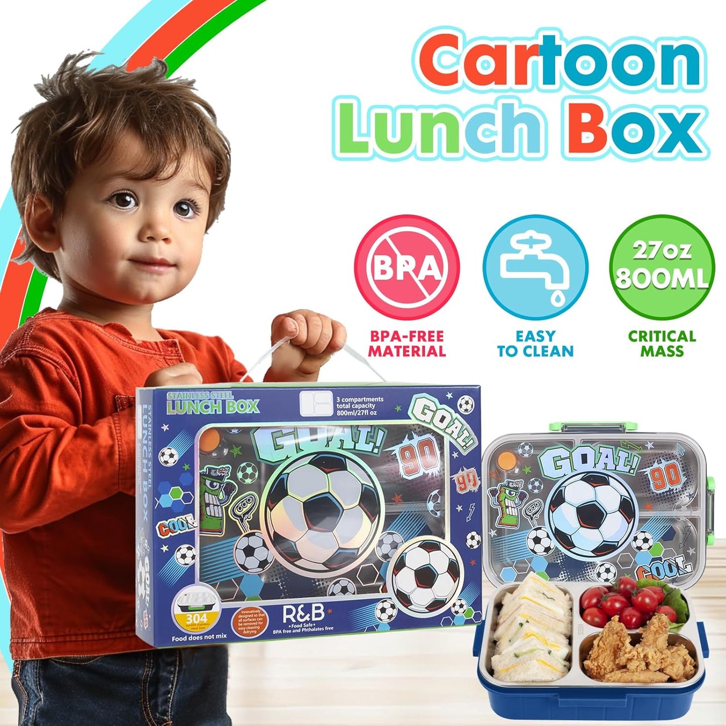 Stainless Steel Bento Lunch Box for Kids, 800ml/27oz BPA-Free Leak-Proof Food Containers with 3 Compartments, Freezer & Dishwasher Safe, Back to School Students Lunches Size for Ages 3-7