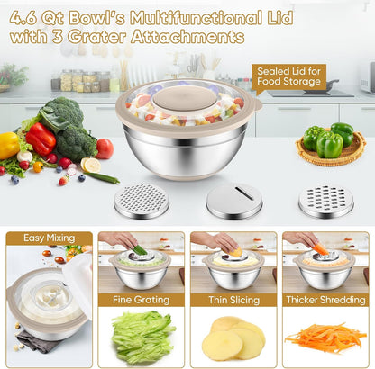 P&P CHEF Mixing Bowls with Lids Set of 3, Stainless Steel Mixing Bowl and Colander for Kitchen, 3 Grater Attachments & Non-Slip Bottoms, Visible & Airtight Lid, Khaki