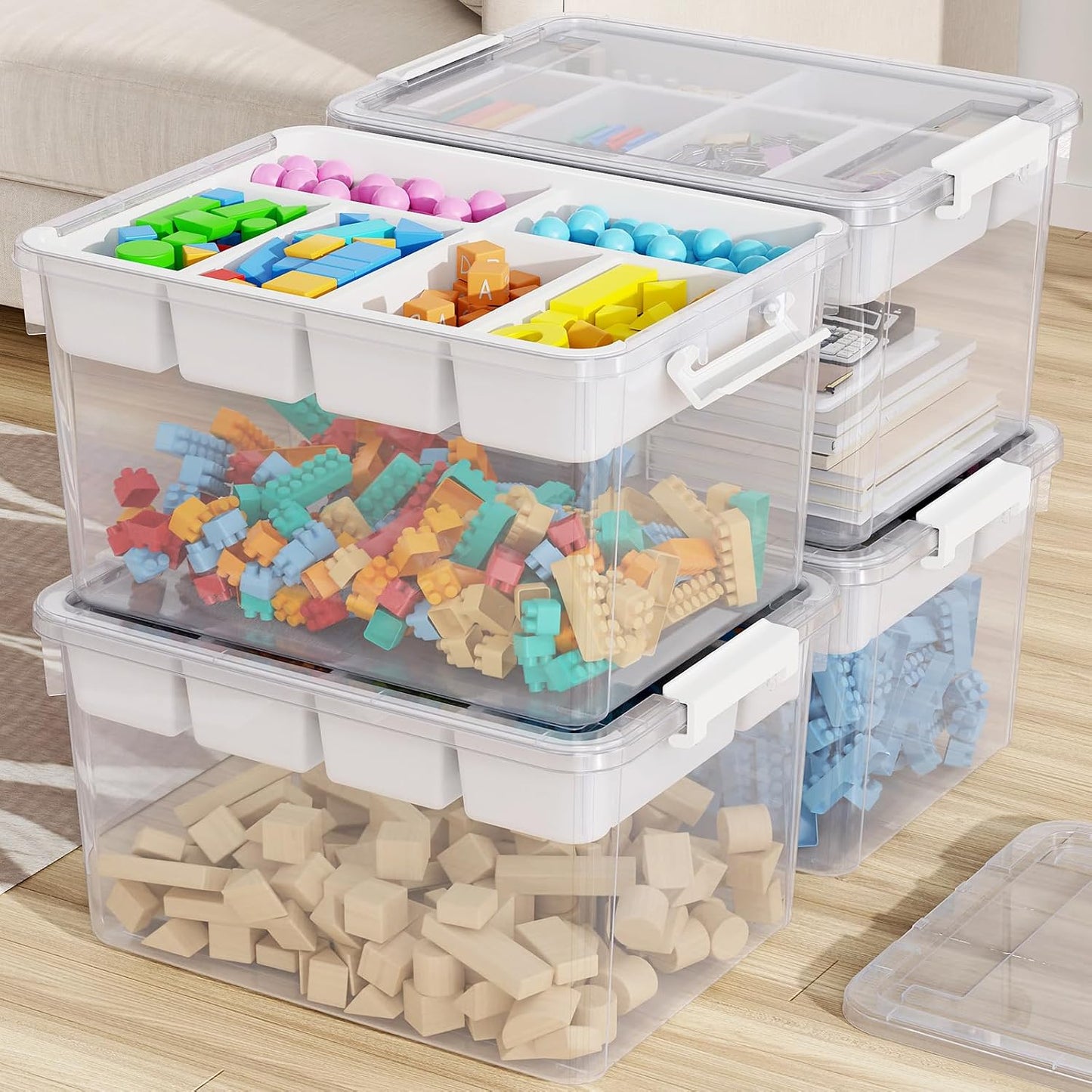 40Qt Stackable Storage Bins with Lids & Trays, Clear Plastic Latching Boxes Organizers with Dividers Portable 10Gal Containers for Arts & Crafts, Home and Car Trunk Organization, 2Pack
