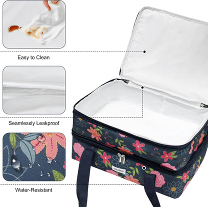 Double Decker Insulated Casserole Carrier, Expandable Thermal Food Warmer Bag Fits 9x13 Dish, Leak-Proof Potluck Lasagna Holder with Utensil Pocket for Picnic Party Cookout (Blue)