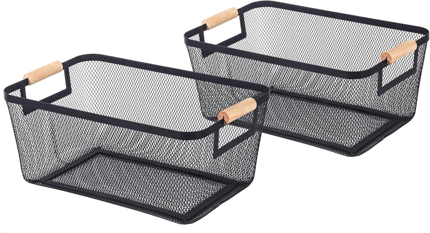 2-Pack Metal Mesh Basket, Large Wire Storage Organizer with Wood Handle for Kitchen Pantry, Bathroom, Cabinet, Closet, Picnic & Home Organization, Large, Black